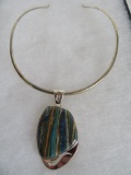 Beautiful Southwestern Sterling Silver Choker Necklace with Rainbow Pendant