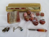 Outstanding Lot of Vintage Agate Items Inc. Cufflinks, Marbles, Pendants +