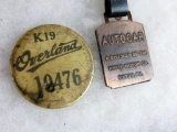 Antique White Motor Car Co. Watch Fob and Overland Enployee Worker Badge