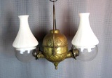 Outstanding Antique Angle Lamp Co. Embossed Brass Double Angle Kero Oil Lamp With Milk Glass Shades