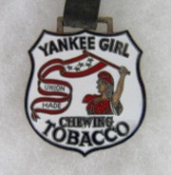 Antique Yankee Girl Chewing Tobacco Prcelain Enamel Advertising Watch Fob w/ Strap