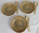 Set of (3) Antique Colonial Ice Cream Paper Bowls with Wood Ice Cream Spoons