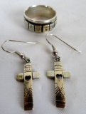 Native American Sterling Silver 14K Gold Earrings and Ring Set