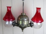 Outstanding Antique Angle Lamp Co. Embossed Brass Double Angle Kero Oil Lamp With Ruby Glass Shades