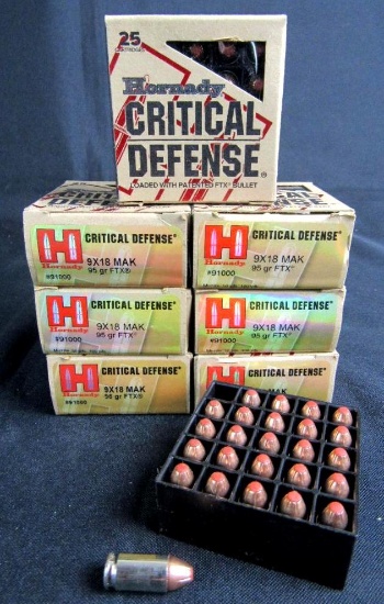 9mm Makarov (9X18 MAK) Ammo- 7 Full Boxes Hornady Critical Defense (175 Rounds Total)