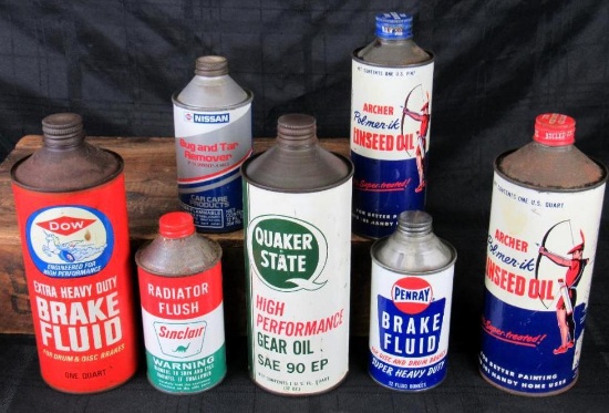 Lot of (7) Vintage Cone Top Oil Cans Inc. Quaker State, Sinclair