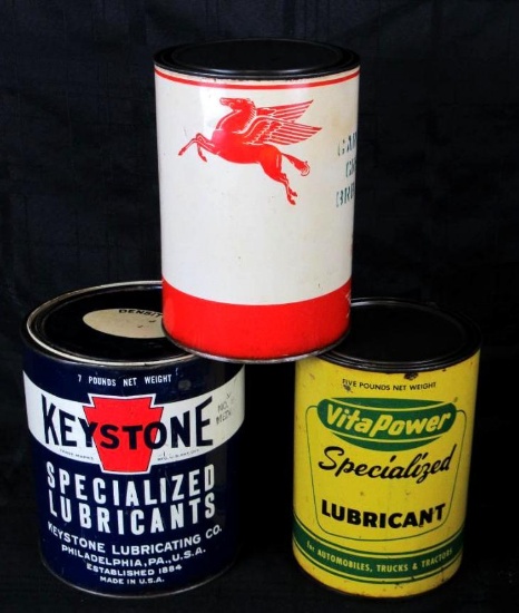 Lot of (3) Vintage 5lb Grease Cans Inc. Keystone, Mobil Pegasus