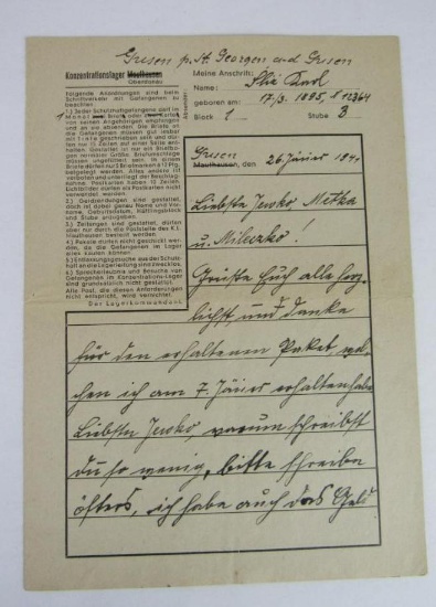 Nazi Gusen Concentration Camp Letter