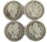 (4) 1901 Barber Silver Quarters
