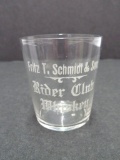 Antique Pre-Prohibition Acid Etched Whiskey Shot Glass- Fritz Schmidt- Rider Club