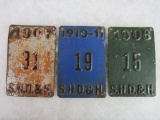 (3) Antique License Plate Tags S.H.D. & H. 1907, 1908, 1910-1911 (Unknown)