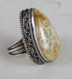 Beautiful Sterling Silver and Lapidary Gemstone Cocktail Ring , Size 7.5