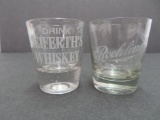 (2) Antique Pre-Prohibition Acid Etched Whiskey Shot Glass-Roehling, Seiferth's