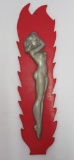 Vintage Hot Rod/ Garage Art Cast Metal Nude Lady, Mounted on Wooden Flame