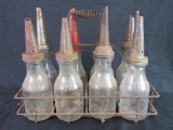 Antique Glass Oil Bottle Carrier with 8 Bottles