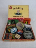Cigar Box of Antique Small Tins- Fuses, Stamp Pads, Medicine, etc