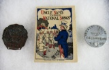 U.S. WWI Grouping- Boys Working Reserve Badge, Cracker Jack Uncle Sam Song Booklet, Dog Tag