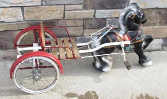 Outstanding 1950's Moby Pressed Steel Pedal Horse and Sulkey Cart