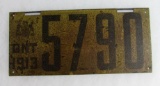 Rare 1913 Ontario (Canada) Original License Plate