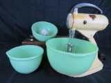Antique Sunbeam Mixmaster Mixer with Jadeite Mixing Bowls and Attachments