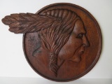 Vintage High Relief Carved Wood Indian Chief on Hanging Plaque (Possibly Pontiac Dealership Sign)