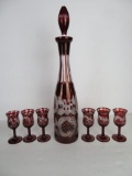 Beautiful Bohemian Ruby Cut to Clear Art Glass Decanter and Cordial Set
