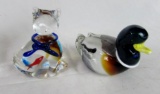 (2) Murano Style Art Glass Animals- Duck, Cat