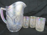 Vintage 1970's Imperial White Carnival Glass Robin Pitcher with 3 Tumbers