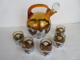 Vintage MCM Farber Bros Amber Art Glass and Chrome Decanter and Cup Set