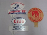 Lot of (3) Vintage Gas & Oil Advertising License Plate Toppers - Speedway '79 Gas, Esso, Presto-lite