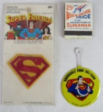 Vintage 1970's Superman Lot- Pin, Patch, Matchbook
