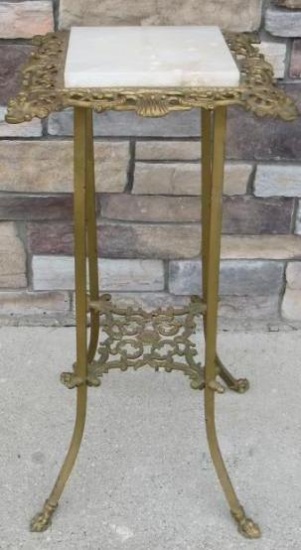Antique Art Deco Brass and Marble Plant Stand With Claw Feet 28"