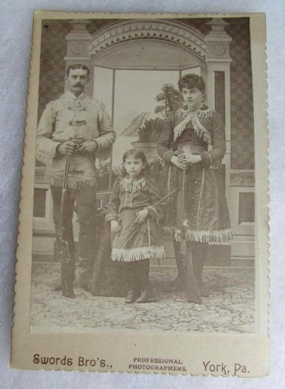 Rare Antique Cabinet Card Photo of Trick Shooter Family Holding Rifles in Western Attire 6.5" x