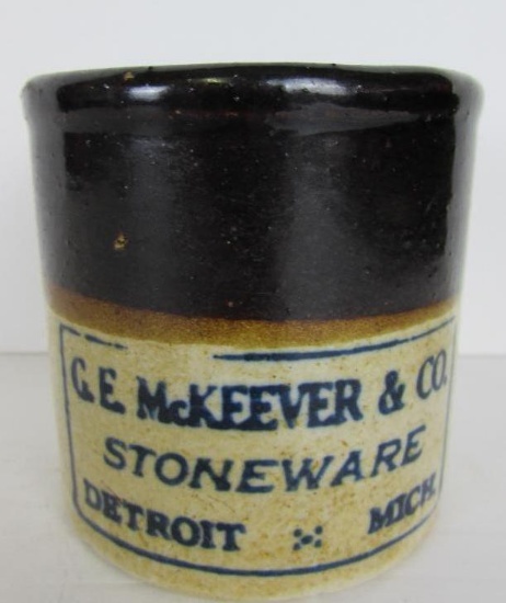 Antique G.E. McKeever & Co (Detroit, MI) Miniature Stoneware Advertising Crock 3"