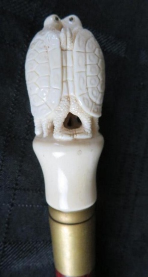 Antique Carved Ivory Bone Turtle Handle 36" Wood Cane