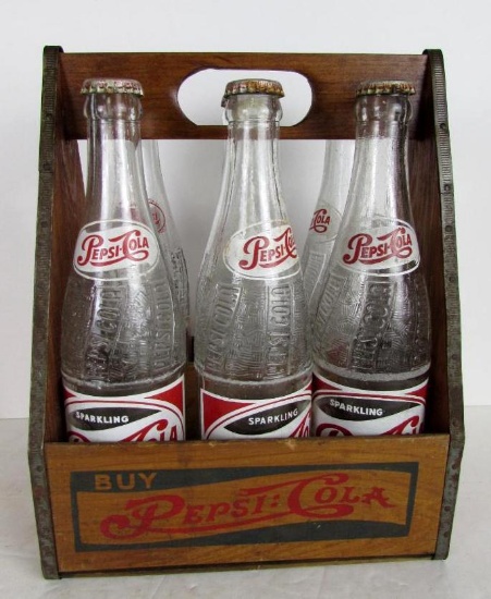WWII Era Pepsi-Cola Double Dot Wood 6Pk Crate w/ 6 Pepsi Bottles