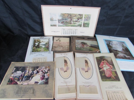 Lot of (9) Antique 1920's Advertising Calenders Includes Furniture & Undertaking, Grocery+
