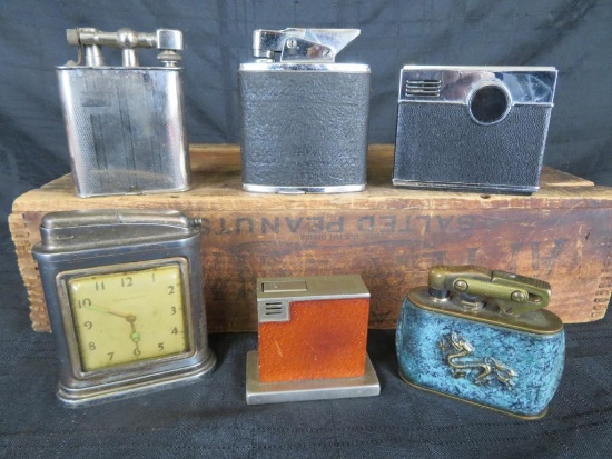 Lot of (6) Vintage Table Lighters, Includes Clock, Camera+