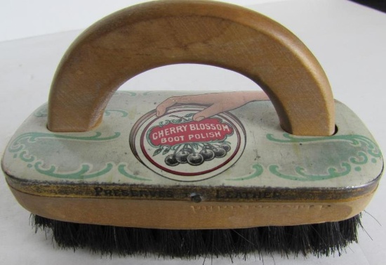 Antique Cherry Blossom Boot Polish Tin Litho Advertising Boot Brush