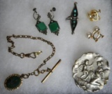 Case Lot of Antique Victorian Jewelry, Watch Fob, Brooch, Earrings, +