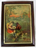 Antique 1890 Shaw & Co Victorian Girl with Hen Framed Print