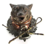 Outstanding Antique Fox Head Cast Metal and Copper Inkwell