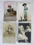 Lot (4) Antique Postcards all w/ Girls & Dogs. Includes RPPC