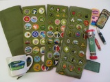 Collection of Vintage Girl Scout Sashes with Patches, Flashlight, Pocket Knives+