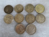 Lot of (10) 1921 US 90% Morgan Silver Dollar Coins
