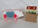 Lot of (2) Vintage Plastic Advertising Coin Banks, Detroit Home Bank, Rice's Sausage Co. Pig Bank