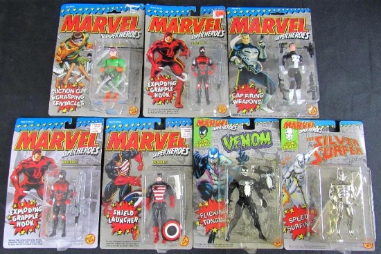 Lot (7) Vintage 1992 Toybiz Marvel Super-Heroes Figures MOC- Venom, Silver Surfer, Daredevil+