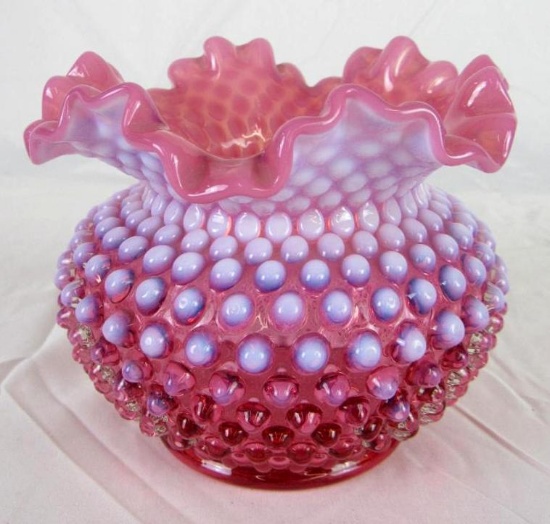 Vintage Fenton Art Glass 5" Cranberry Opalescent Hobnail Rose Bowl or Vase