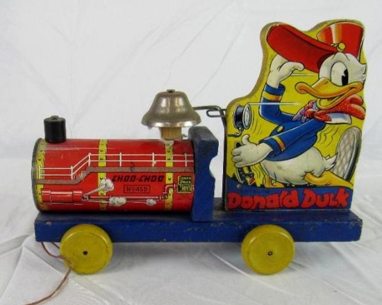 Antique Fisher Price #450 Donald Duck "Choo Choo" Wooden Pull Toy