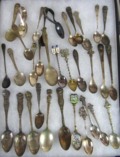 Large Estate Group of Souvenir Spoons with Sterling